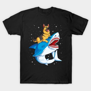 German Shepherd Riding Shark Space Galaxy T-Shirt